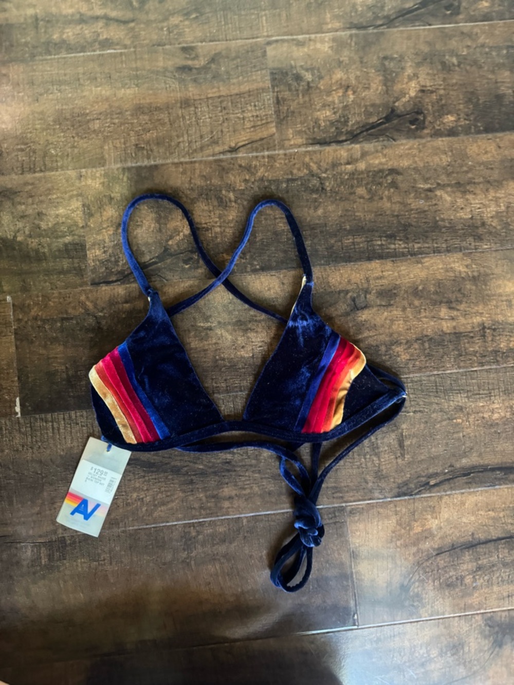 Aviator Nation navy Bikini Top with Rainbow Stripes